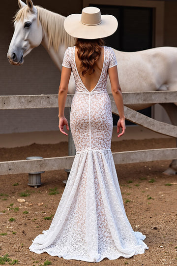 Lace Mermaid White Wedding Dress with Slit